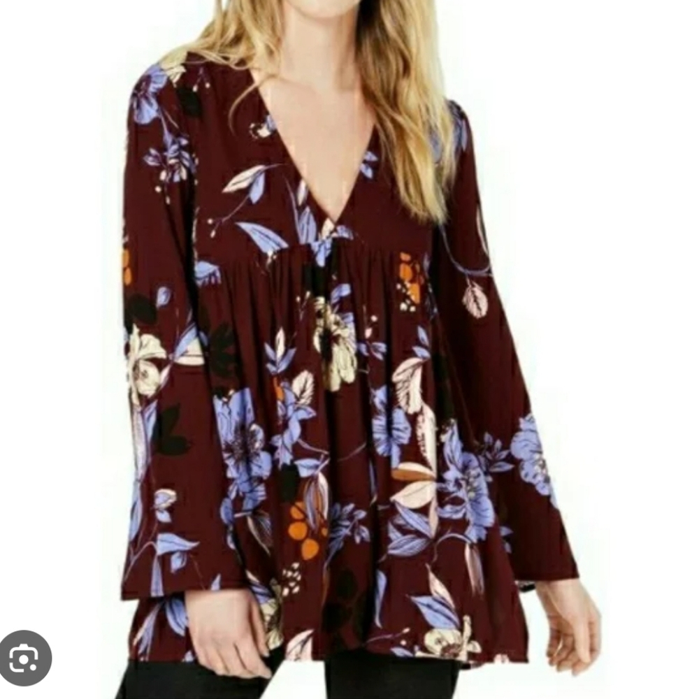 🍇 Free People Floral V-Neck Bella Tunic in Wine